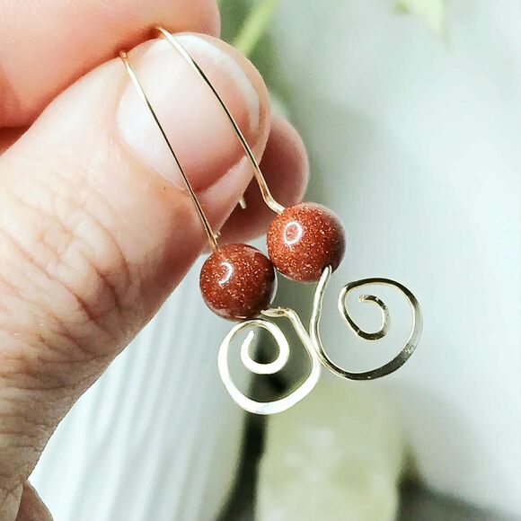 Hammered Goldstone Beaded Dangle Earrings, Gold or Silver, 1.5" - Picture 4 of 6